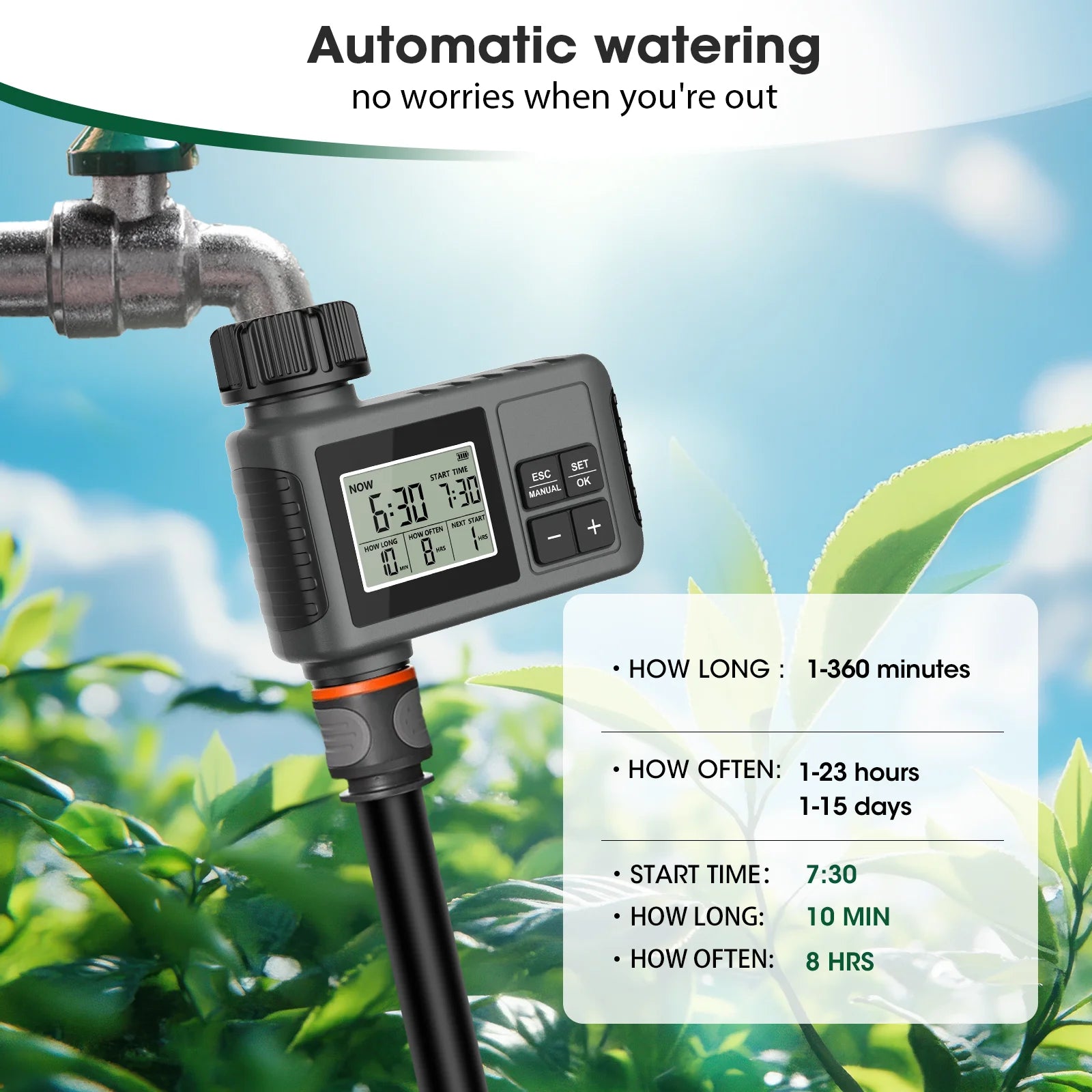 Insoma temporizador automático de água, sistema inteligente de irrigação, temporizador de aspersão, equipamento programador de jardim, display lcd ipx7